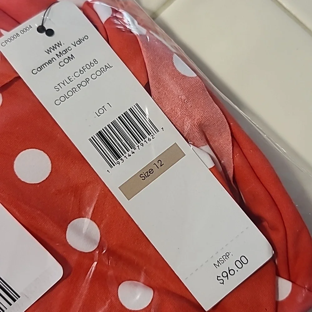 Carmen Marc Valvo Coral & White Polka Dot One-Piece Swimsuit - Picture 3 of 4